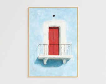Mediterranean Balcony Art Print – Red Door, Coastal Decor (Digital Download)
