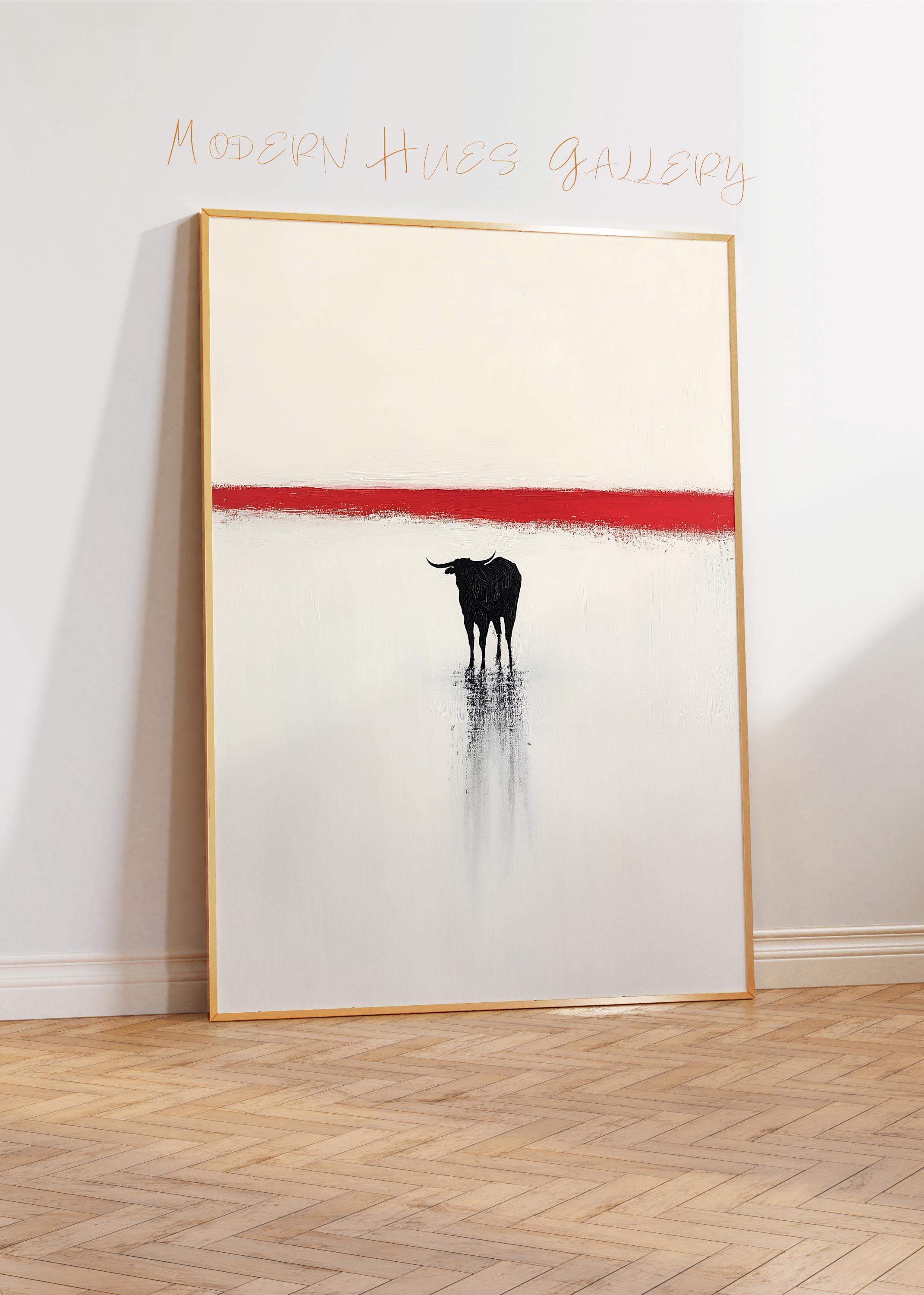 Abstract Bull Art Print Minimalist Black Bull Painting Modern Red and ...