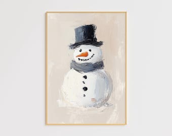 Rustikaler Schneemann Art Print – Gemütliches Winter-Wanddekor – Urlaub Schneemann Gemälde – Festliches Saisonales Poster – Weihnachtsminimalistisches Kunstwerk