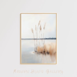 Minimalistisches Schilfgras Art Print – Serene Lake Landschaftsbild – Moderne Natur Wandkunst – Neutrales botanisches Poster ruhiges Küstendekor
