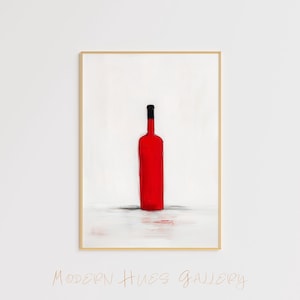 Minimalist Red Wine Bottle Art – Modern Wine Print – Simple Kitchen Wall Decor – Contemporary Red Bottle Painting – Neutral Wine Lover Gift