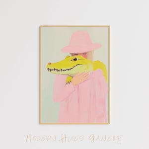Colorful Surreal Art, Pink Woman And Alligator Print, Whimsical Animal Poster, Modern Pop Art Painting, Aesthetic Wall Art, Playful Decor