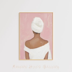 Minimalistische Spa Silhouette Kunstdruck – Feminines rosa-weißes Poster – Elegantes digitales Kunstwerk – modernes Wanddekor für entspannende Räume