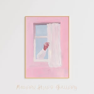Impresión artística minimalista con vista de ventana: póster con mano femenina y cortina: obra de arte digital en rosa pastel: decoración de pared serena