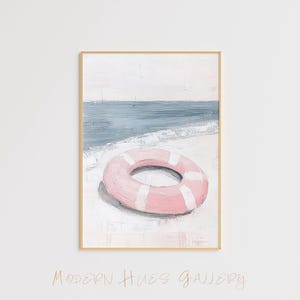 Rosa Rettungsring am Strand Kunstdruck – Minimalistische Wandkunst – Ruhige Strand Malerei – Moderne Nautische Dekoration – Meer Poster