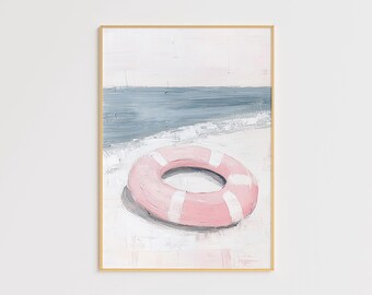 Pink Lifebuoy Beach Art Print – Minimalist Nautical Wall Decor (Digital Download)