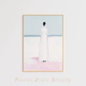 Minimalistische Frau am Meer Art Print – Feminines Wandposter – Küstenkunstwerk – Pastell Leinwand – Zeitgenössische Dekoration – Ruhige Strandszene