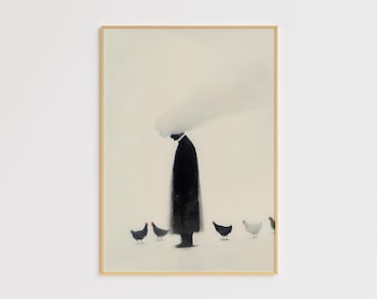 Surreal Minimalist Art Print – Man and Chickens Painting – Abstract Poster – Modern Wall Art – Black White Home Decor – Surrealism Artwork