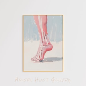 May include: A painting of a human foot with visible bones, painted in shades of pink and white against a light blue background.