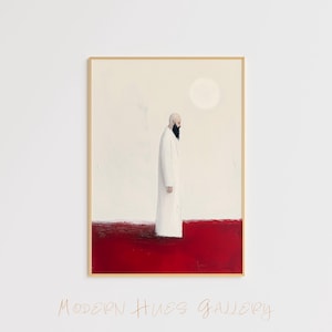 Minimalist Islamic Art Print – Spiritual Man in Prayer – Modern Sufi Wall Art – Red and White Decor – Mystical Islam Inspired Painting Art