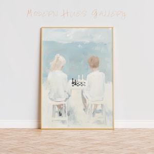 Minimalist Chess Players Art Print - Thoughtful Game Scene of Two People Playing Chess by the Sea for Mindful and Strategic Decor - Wall Art