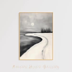 Winter Landschaft Kunst – Schwarz und weiße Fluss Malerei – Minimalistische verschneite Szenerie Wandbild – Gelassene Natur Poster