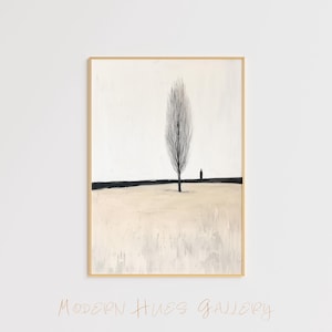Minimalist Lone Tree Art Print – Abstract Landscape Wall Art – Modern Nature Painting – Neutral Earth Tones Decor – Peaceful Tree Artwork