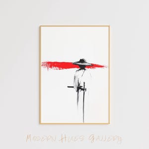 Puede incluir: Una ilustración en blanco y negro de una persona con un sombrero de ala ancha y una túnica larga, sosteniendo una espada. Un trazo de pincel rojo está detrás de la persona.