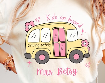 Personalized Pink Coquette Bus Driver T Shirt, Custom Mrs Name Shirt, Cute School Bus Graphic Tee, Gift For Bus Driver Birthday Appreciation