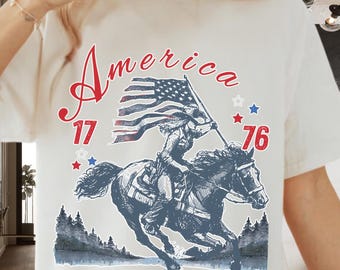 ヴィンテージ カウガール USA 国旗 T シャツ: 独立記念日ウエスタン T シャツ