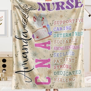 CNA Nurse Personalized Blanket with Inspiring Words, Custom Name Nurse Throw, Wildflower Sherpa or Fleece Blanket, Cozy Nursing Gift