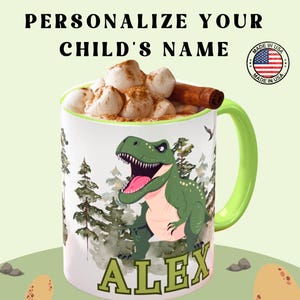 Personalized Dinosaur Mug for Kids, Custom Hot Chocolate Mug, Cute Ceramic Mug with Color Handle, Birthday Gift for Children, Kids Drinkware