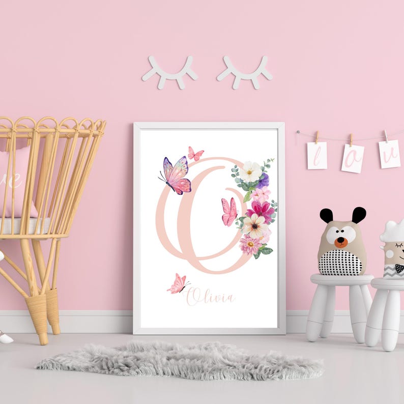 Personalized Floral Butterfly Initial Print | Custom Name Nursery Wall ...