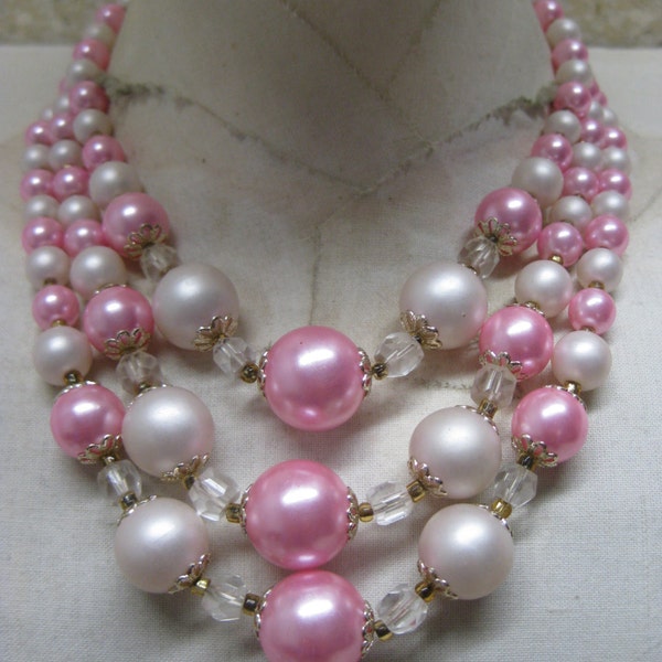 Pink White Pearl Three Strand Necklace Gold Vintage Japan