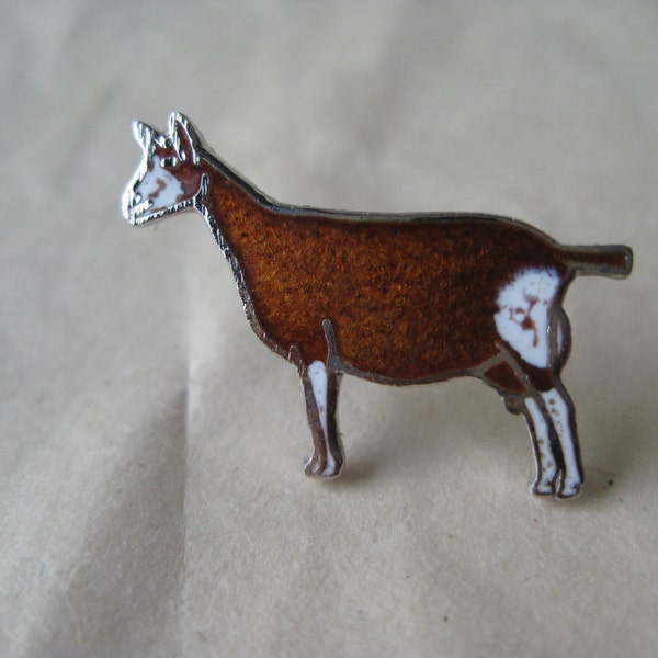 Goat Lapel Pin Brooch Vintage Brown White Silver Enamel Farm Animal