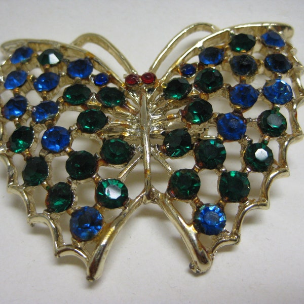 Golden Butterfly with Green and Blue Twinkle - vintage brooch