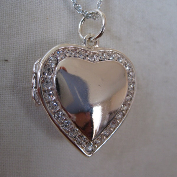 Heart Locket Necklace Silver Rhinestones Clear Pendant