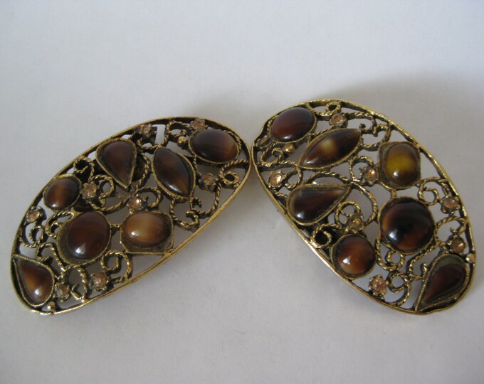 Gold Brown Filigree Shoe Clips Vintage Etsy