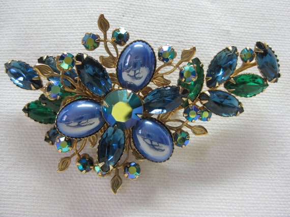Green Blue Gold Rhinestone - brooch