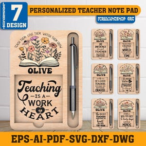 Personalisierter Blumen Notizhalter SVG, Laser geschnittener Holz Schreibtisch Organizer mit Stiftschlitz, benutzerdefinierter Name Post-It Pad Halter für Lehrer & Geschenke