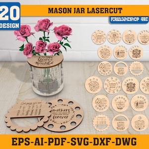 Mason Jar deksel Moederdag bloemenhouder, Mason Jar deksel Svg, bloemenhouder voor mama, lasergesneden bestanden, Moederdagcadeau