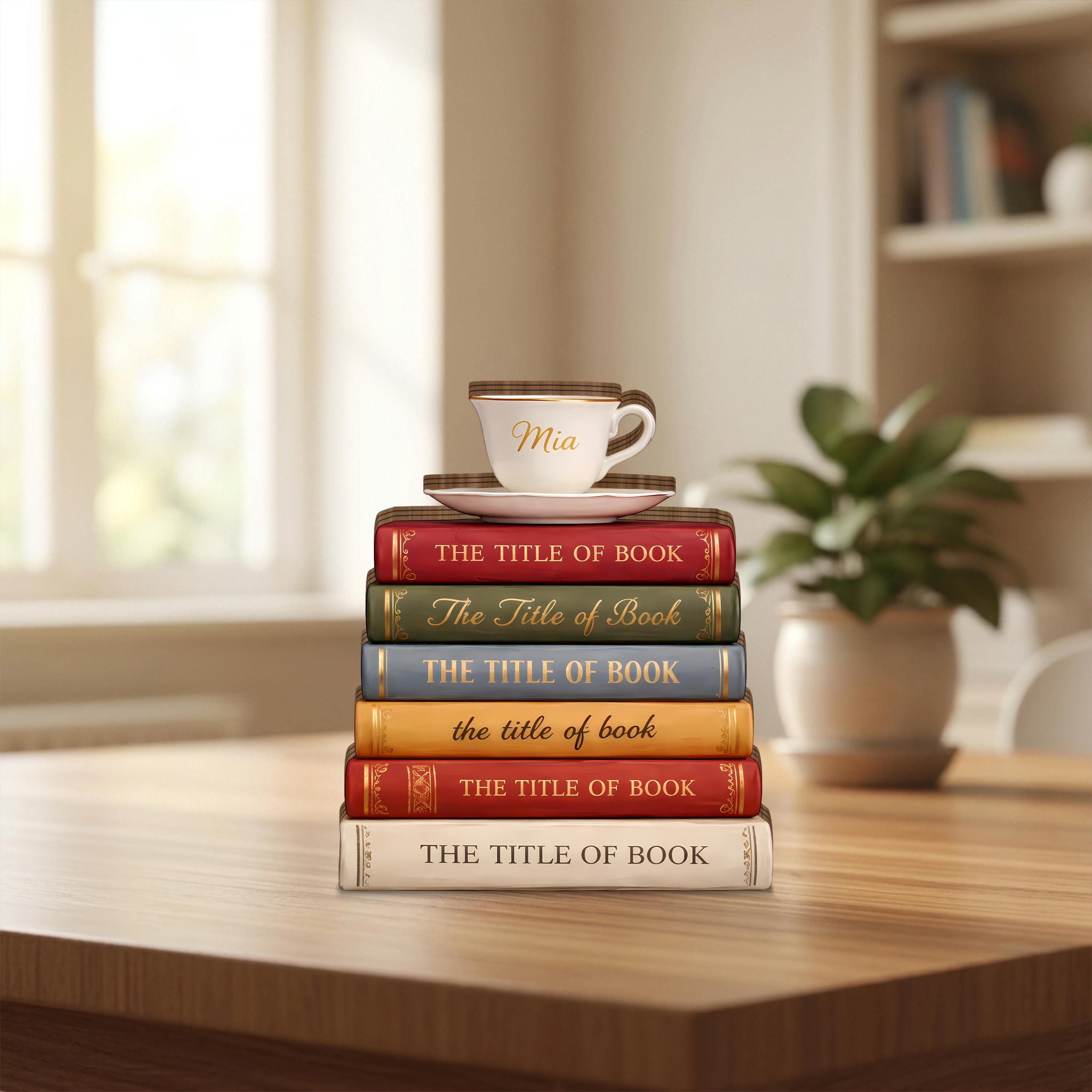 Personalized Book Stack Wooden Block, Custom Book Lover Gift, Coffee ...