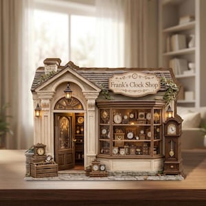 Puede incluir: Una réplica en miniatura de "Frank's Clock Shop" con una fachada detallada, con una vidriera llena de relojes. El edificio tiene un tejado marrón, paredes beige y un letrero encima de la tienda que dice "Frank's Clock Shop". Un reloj de pie está a la derecha.