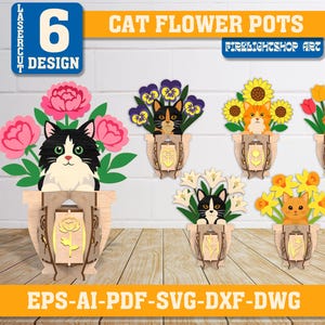Lot de 6 fleurs lanterne chat modèle découpé au laser, pot fleur lanterne modèle SVG, vase fleur lanterne, bricolage chat lanterne, décorations de lanterne chat
