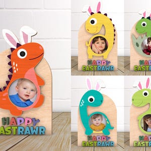 Fröhlichen Ostertag Baby Foto Rahmen Magnet SVG, Ostern Dinosaurier Bildhalter, Ostern Eastrawr Jagd, Holzdekor Lasercut Datei, Glowforge