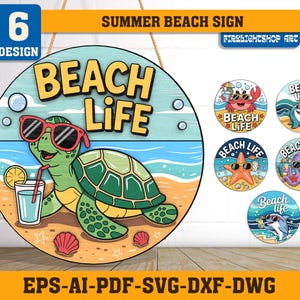 Beach Life Türschild SVG, süßes Sommer Ozean Tierschild, Laser geschnittenes rundes Schild mit Krabbe, Schildkröte, Hai, Tintenfisch, Seestern, Delfin