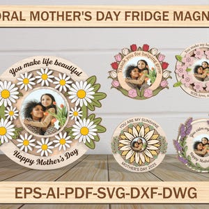 Cadre photo marguerite, cadre photo aimanté tournesol fête des mères Svg, cadeau photo pour maman, cadeau pour maman, cadre fleur en bois, fichier laser prêt