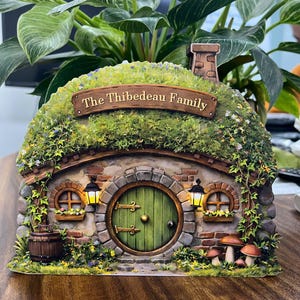 Personalized Hobbit Style Cottage Wooden Block Decor, Custom Fantasy Round Door Home Sign, Shire Inspired Moss Roof Miniature House