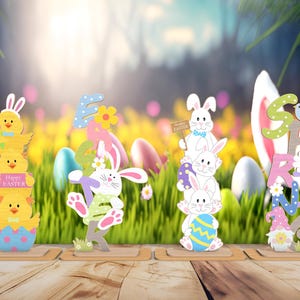 Joyeuses Pâques debout fichier découpé au laser Svg, Svg de gardien d'étagère lapin, signe de Pâques, Svg de décoration de Table de Pâques, déco printanière, cadeau de Pâques, fichier Glowforge