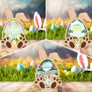 3D multicouche joyeux jour de Pâques debout Svg, bricolage lapin de Pâques et oeuf modèle Svg, oreille de lapin en bois Svg, décor de vacances fichier découpé au laser Svg