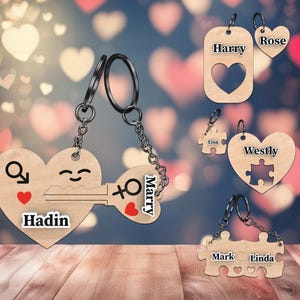 Porte-clés personnalisé joyeuse Saint-Valentin Svg, personnaliser nom couple porte-clés Svg, clé et serrure en bois pour la Saint-Valentin, porte-clés fichier découpé au laser