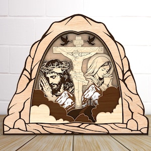 Archivos cortados con láser de varias capas para la cueva del día de Pascua, Svg de decoración de Pascua resucitada, Svg de decoración de mesa, Svg de Jesús, Svg de cruz, archivo Glowforge