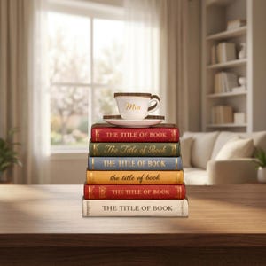 Könnte beinhalten: Ein Stapel Bücher mit dem Text "THE TITLE OF BOOK" auf den Buchrücken, gekrönt von einer Tasse und Untertasse. Die Tasse ist weiß mit braunen Verzierungen und dem Namen "Mia" in goldener Schrift. Die Bücher sind in verschiedenen Farben.