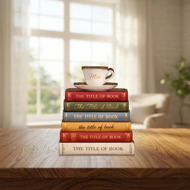 Personalized Book Stack Wooden Block, Custom Book Lover Gift, Coffee ...