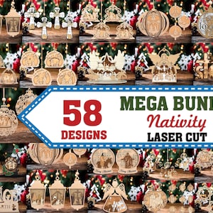 Mega Bundle Krippe Schmuck, Weihnachtsverzierung Lasercut-Datei, Hölzerne Frohe Weihnachten Aufdruck, O heilige Familie Aufdruck, Baby Jesus Aufdruck, Weihnachtskrippe