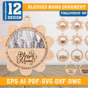 Inserto floral SVG "Blessed Mama", letrero de bolsillo de madera cortado con láser para el Día de la Madre, versículo bíblico Proverbios 31:28, letrero redondo para Glowforge y Cricut