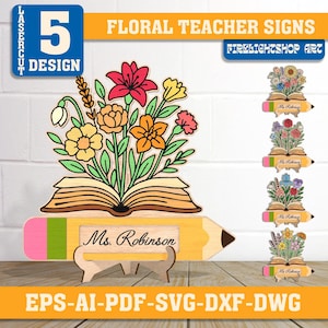Placa de mesa de professor floral cortada a laser, lápis com nome personalizado, presente de agradecimento ao professor svg, placa de professor personalizada, volta às aulas