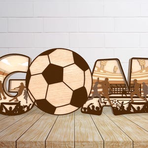 Gol de futebol em pé Lasercut File Svg, Futebol Beisebol Lasercut File Svg, Placa esportiva com suporte Svg, Decoração esportiva de madeira Svg, Glowforge