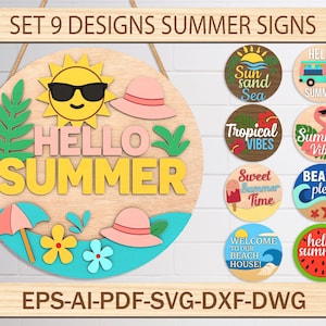 Juego de 8 letreros redondos de madera para playa de verano, diseño cortado con láser SVG, letrero de bienvenida a la playa, colgador de puerta redondo SVG, archivo láser Glowforge