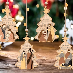 Krippe Musik Blatt Ornament SVG, Frohe Weihnachten Carol Song SVG, Holz Weihnachtsbaum SVG, LaserCut-Datei-Svg, Baby Jesus Aufhänger Svg